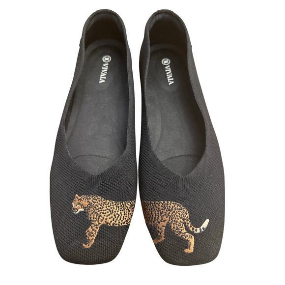 Vivaia Margot Square Toe V-Cut Flats Women’s 41.5 10 Black Cheetah Comfort Knit - Picture 3 of 6
